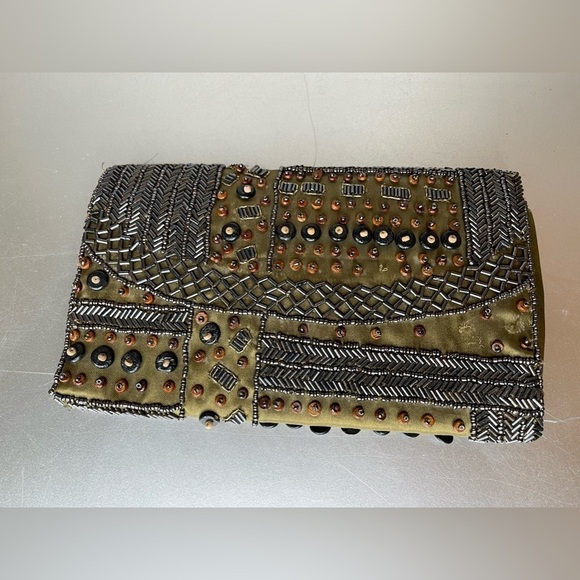 KC Malhan Brown Beaded Small Clutch Made in India Cotton Lined Twill Fabric - Picture 1 of 8